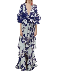 Women's deep V-neck tropical floral maxi dress with bubble sleeves and tiered ruffles