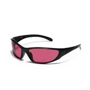 Y2K silver futuristic sports sunglasses with pink lenses in a 45-degree angle view