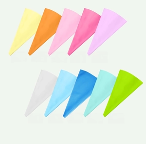 Detailed overhead view showing reusable pastry bags in ten vibrant assorted colors