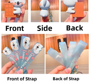 Vues détaillées du porte-clés koala 3D bleu avec accessoire de bonbon et dragonne