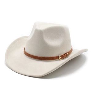 Off-white faux suede western cowboy hat with a brown leather strap and gold buckle