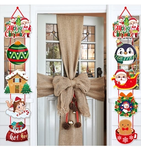 Vertical Christmas door banners featuring Santa, Snowman and Penguin in a festive home setting