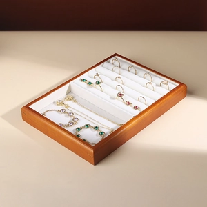 Solid wood jewelry tray with white velvet inserts for rings and necklaces display