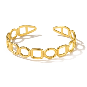 Minimalist wide geometric hollow bangle in gold stainless steel with adjustable open design