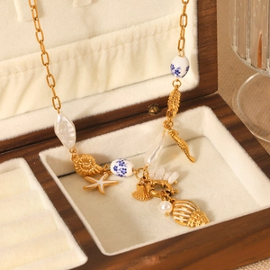 Ocean Theme Necklace Stainless Steel Gold Plated Shell Starfish Seahorse Artificial Pearl Ceramic Beads Beach Vacation Jewelry Women