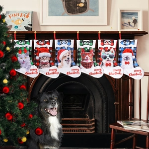 Christmas Stocking Plaid Fabric Pet Cat Dog Print Hanging Ornament Fireplace Decor Holiday Home Party