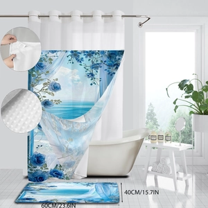 Detail view of floral shower curtain with matching bathroom mat set in blue rose pattern