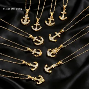 Anchor Pendant Necklace Titanium Steel With Zircon Retro Hip Hop Punk Style Fashion Jewelry For Women