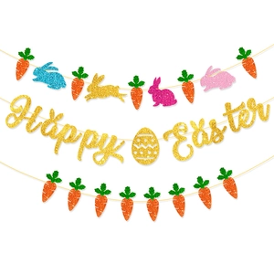 Close-up of glittery Happy Easter banner with colorful bunny, carrot, and egg patterns