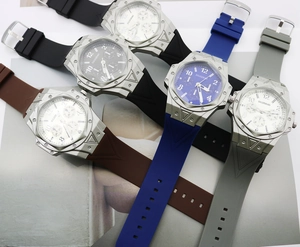Detailed arrangement of men's octagonal quartz watches with silicone straps and metal cases