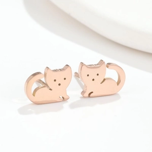 Minimalist rose gold stainless steel cat shape stud earrings on a clean white background