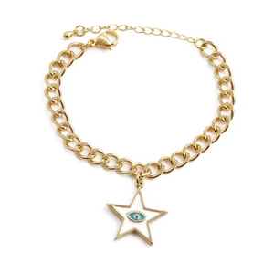 Golden chunky chain bracelet featuring a white enamel star and blue evil eye charm