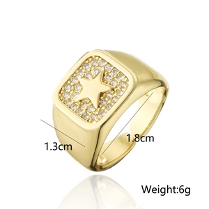 Close-up of 18K gold plated star ring showing 1.3cm width and 1.8cm diameter details