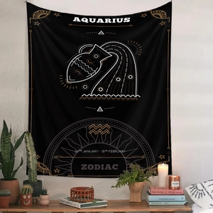 Detail view of Aquarius zodiac tapestry with golden celestial symbols and dates
