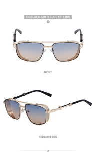 Front and side view of steampunk square sunglasses with gold metal frame and mesh shields