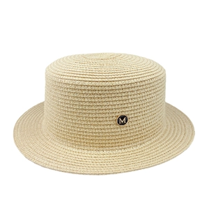Classic beige straw boater hat for women with a metallic M letter decorative buckle