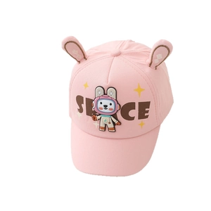 Pink kids baseball cap with cute 3D bunny ears and cartoon astronaut space print