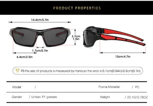 Detailed size chart for unisex polarized sports sunglasses with dimensions and PC frame info