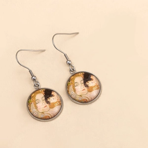 Vintage silver drop earrings with Van Gogh style oil painting glass cabochon art