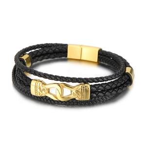 Bracelet multicouche en cuir tressé pour homme avec fermoir magnétique doré et ornements