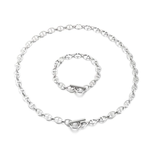 Silver pig nose OT buckle necklace and bracelet set with minimalist Cuban link chain