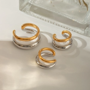 Modern Ins Style Two-Tone Stainless Steel Ear Clips Double Layer Geometric Ring For Women Waterproof Hypoallergenic 18K Gold Plated Fashion Jewelry