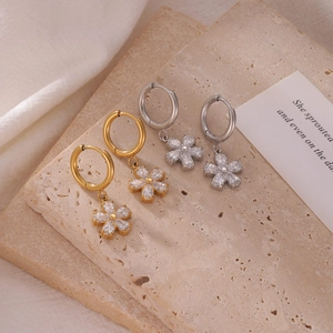 Titanium Steel Flower Pendant Hoop Earrings With Marquise Cubic Zirconia Petal Delicate Sweet Fashion Jewelry For Women