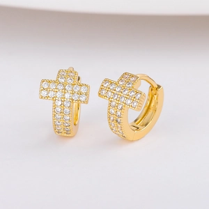 Minimalist gold plated cross huggie earrings with sparkling clear cubic zirconia stones