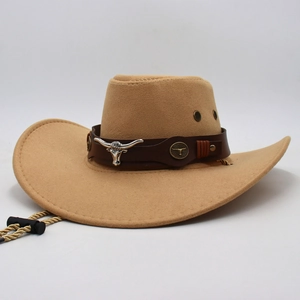 Classic camel western cowboy hat with silver bull head accessory and chin strap
