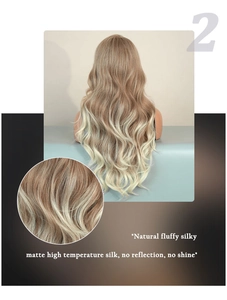 Close-up of matte high-temperature synthetic fiber showing long wavy ombre brown hair