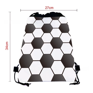 Detail showing the 34x27cm dimensions of the soccer pattern drawstring gift bag
