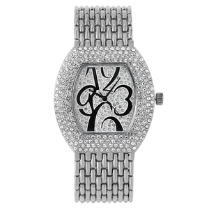Elegant silver tonneau watch featuring a crystal-encrusted dial and stylish metal band