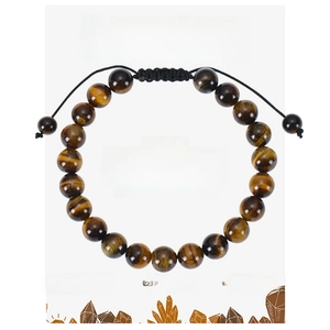 Adjustable tiger eye stone bracelet with woven black cord on informative backing card