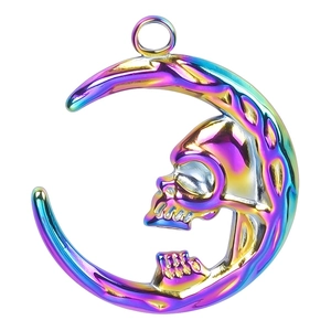 Macro shot of rainbow-tinted stainless steel crescent moon pendant with skull detail
