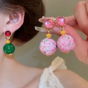 Vintage Dangle Earrings For Women Resin Round Ball Marble Spotted Three Tier Retro Style With Silver Earring Post