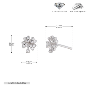 Detail showing 925 sterling silver four-leaf clover stud earrings with 5A grade zircon stones