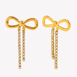 18K gold plated stainless steel bow earrings with zircon tassel on white background
