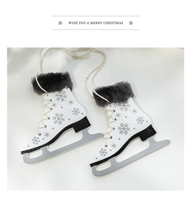 Detail of wooden ice skate Christmas ornaments with faux fur trim and snowflake prints