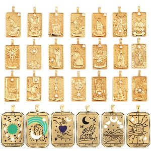 Gold-plated brass Tarot card pendants with relief engraving and enamel zirconia accents
