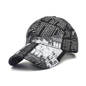 Fashionable newspaper print baseball cap in black and white with vintage street style