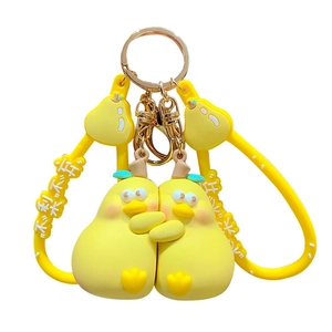 Cute yellow hugging pear keychain with silicon strap and gold metal ring for couples