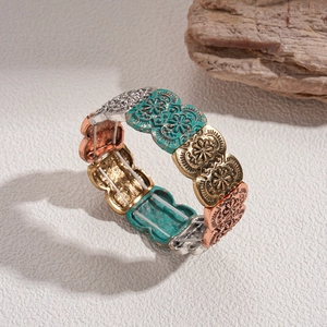 Retro bohemian oval floral embossed stretch bracelet in multi-tone vintage metal finish