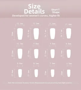 Size chart showing 12 dimensions for pink heart short T-shape press-on nails