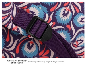 Close-up of adjustable purple shoulder strap with durable buckle on floral backpack