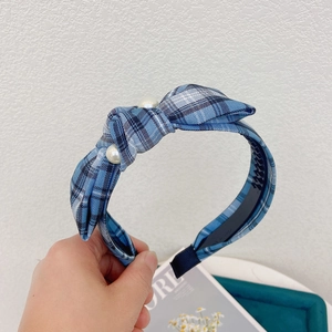 Blue houndstooth headband with bow knot and white pearls for stylish hair accessory