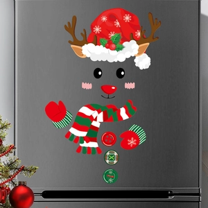 Festive Christmas reindeer magnetic wall decals with red scarf and hat on fridge