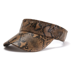 Women's faux leather open top sun hat with brown snake skin pattern print