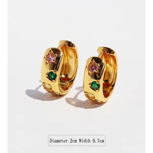 Retro gold star hoop earrings with colorful zircon and pink stars, 2cm diameter size