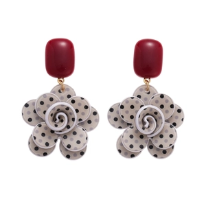 Vintage acrylic square stud earrings with retro polka dot flower petals and red accents