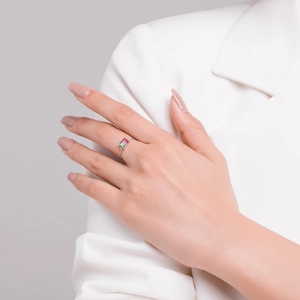 S925 silver ring with watermelon tourmaline rectangle gemstone on model's finger